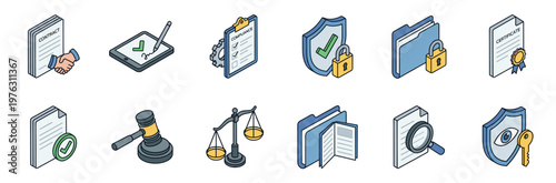 Isometric legal icons representing law, justice, security, and compliance with documents, contracts, and digital signatures.