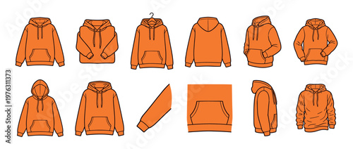 Orange hoodies technical fashion illustration set showing various views and details of the casual garment design.
