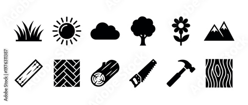Nature and wood icons set featuring various outdoor elements and construction materials in black silhouette style.