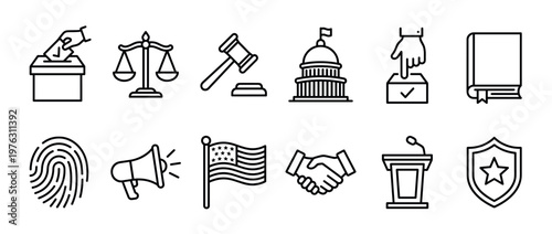 Government law and democracy icons set featuring symbols of justice, election, and political processes in a modern line art style.