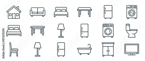 Household furniture appliance outline icons set for home interior design and domestic living concepts and elements