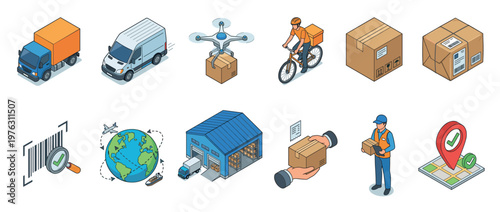 Logistics and delivery services isometric icons set showing various transportation methods and package handling.