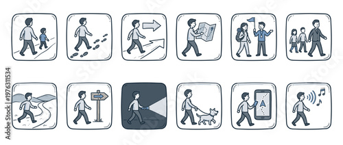 People walking activities, journey, and navigation are depicted in a set of diverse hand-drawn icons, showcasing various scenarios of human movement and exploration.