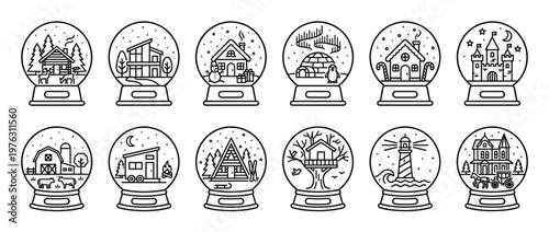 Collection of outline snow globes featuring various houses, buildings, and winter scenes, perfect for holiday and travel designs.
