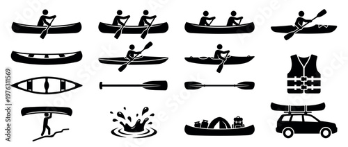 Canoeing kayaking paddles life vest water sports and outdoor adventure icons set, depicting various activities and equipment for recreational boating.