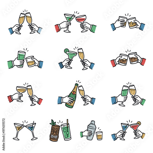 Hands clinking various alcoholic beverages and cocktails in a collection of celebratory illustrations for parties and events.