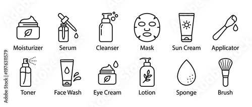 Skincare products and beauty tools line icons set featuring moisturizer, serum, cleanser, mask, sun cream, toner, lotion, and applicators for daily beauty routine.