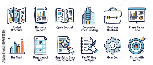 Collection of business and office icons representing corporate elements, financial data, planning, and success in a modern flat line art style.