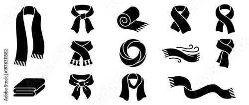 Collection of various scarf styles and shapes, including folded, tied, and flowing designs, for fashion and warmth.