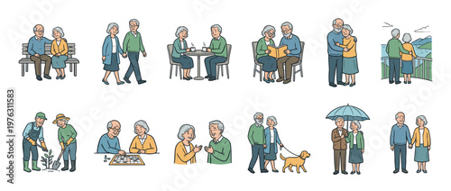Elderly couples enjoying various leisure and active lifestyle activities together, illustrating companionship and a fulfilling retirement.