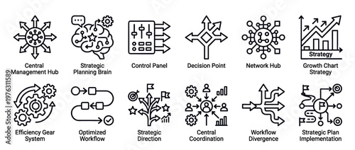 Business strategy management workflow planning icons illustrating various concepts like central coordination, decision making, efficiency, and growth for organizational success.
