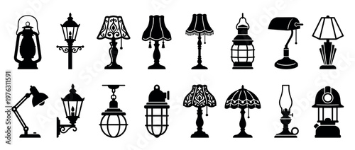 Set of diverse lamps and lanterns, including table lamps, streetlights, and vintage oil lamps, in a silhouette design.