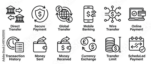 Financial transaction icons, banking and payment services symbols collection featuring direct transfer, secure payment, mobile banking, and currency exchange concepts.