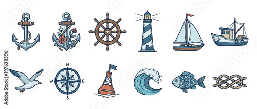 Nautical marine sea ocean elements collection with anchors, ship wheel, lighthouse, boats, seagull, compass, buoy, wave, fish, and knot illustrations.