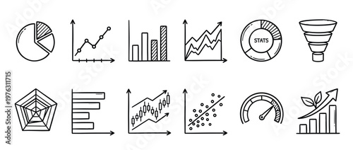 Hand drawn business charts and graphs doodle set for data analysis, financial reporting, and statistical visualization.
