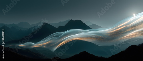 Mid-Autumn Longing Moon Silk Illustration, Moonlight Ribbon, Longing Symbol, Mountain Light Bridge for Nostalgia Culture Use
