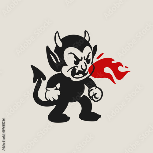 Cute little horned Devil. Black evil character breathing fire. Hand drawn Vector illustration. Halloween, vintage style. Retro cartoon mascot. Isolated design element. Sticker, logo, print template