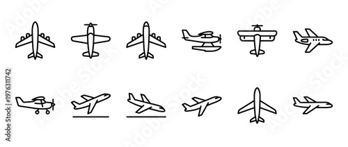 Airplane icons set featuring various aircraft models for travel, transportation, and aviation concepts in a modern outline style.