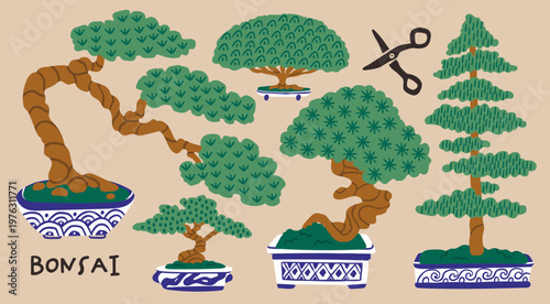 Set of various Bonsai trees. Various small decorative trees in pots. Traditional Japanese plants, oriental garden art. Little potted decorative houseplants. Hand drawn trendy Vector illustration