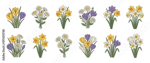 Collection of charming hand-drawn spring flower bouquets featuring crocuses, daffodils, and daisies in a delightful botanical illustration style.