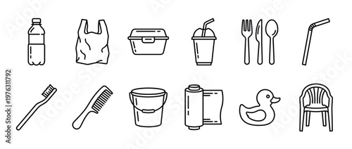 Plastic items vector icon set illustrating common disposable and everyday objects contributing to environmental pollution and waste problem.