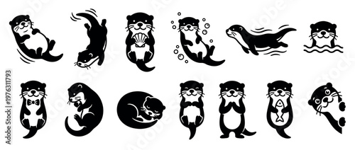 Cute otters in various poses, swimming, playing, and sleeping, depicted in a charming black and white cartoon style.