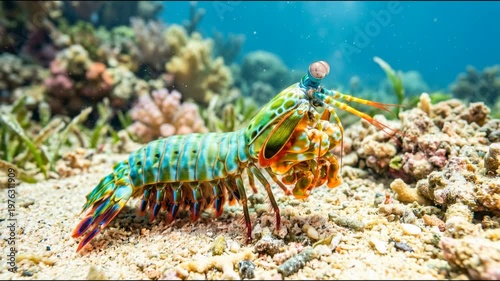 Peacock mantis shrimp walking on sandy seafloor near coral reef  