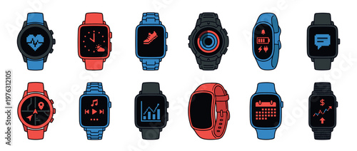 Smartwatches and fitness trackers displaying various digital icons for health, communication, and activity monitoring in a modern style.