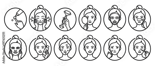 Skincare routine icons set illustrating various facial treatment steps for beauty and health, including cleansing, masking, and applying products.