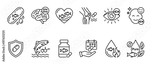 Fish oil icons, Omega-3 supplements, and health benefits outline vector illustration set for nutrition, wellness, and medical concepts.