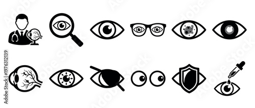 Ophthalmology and vision icons set featuring eye examination, health, protection, and medical treatment symbols in a clean design.