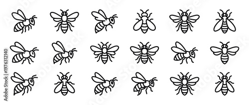 Bee insect outline icons collection featuring various flying and resting honeybees in a simple, modern doodle style.