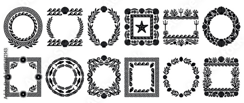 Decorative frames and borders collection featuring Greek and marine-themed silhouette illustrations for design elements.