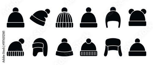 Winter hats collection icon set featuring various styles of warm headwear for cold weather protection and fashion.
