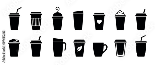 Collection of various coffee cups, tea mugs, and disposable drink containers in black silhouette icons for hot and cold beverages.