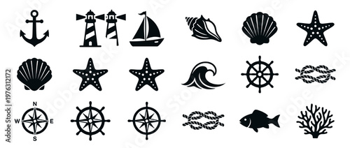 Nautical marine icons collection featuring various sea and sailing symbols for ocean adventures and beach themes.