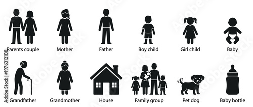 Collection of family member icons including parents, children, grandparents, baby, house, pet dog, and baby bottle symbols.