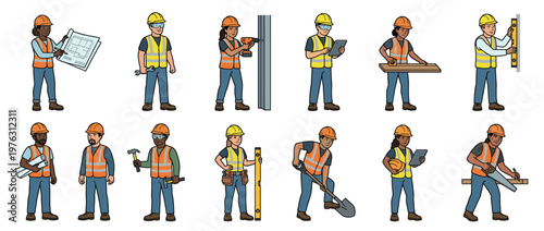 Construction workers and skilled tradespeople performing various building tasks, showcasing teamwork, safety, and professional craftsmanship in a diverse workforce.