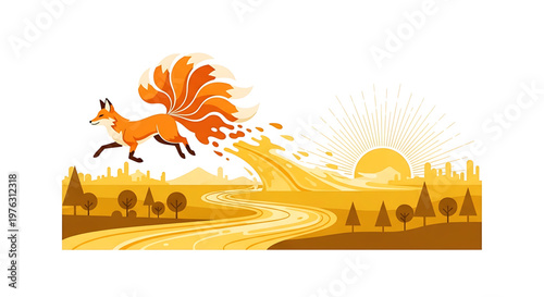 A vibrant orange fox runs through a stylized landscape with a city skyline and sunset in the background.