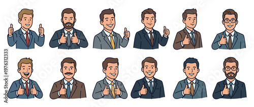 Businessmen giving thumbs up gesture, a diverse group of male professionals showing approval and success with a positive attitude.