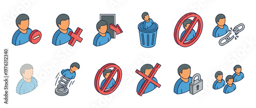 User icons, person avatars, and people symbols illustrating various states of access, security, and management in a digital environment.