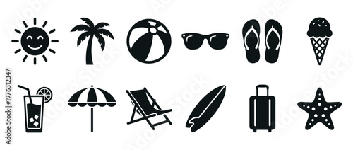 Summer icons collection featuring beach vacation elements like sun, palm tree, and surfboard for travel and holiday designs.
