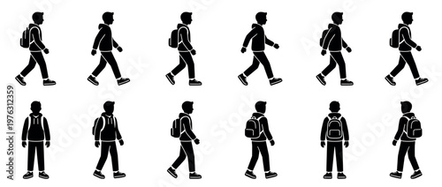Student walking silhouette icons set featuring various poses of a young person with a backpack, depicting movement and standing.
