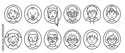 Diverse collection of line art avatars depicting people of various ages and genders, representing different generations and family members.