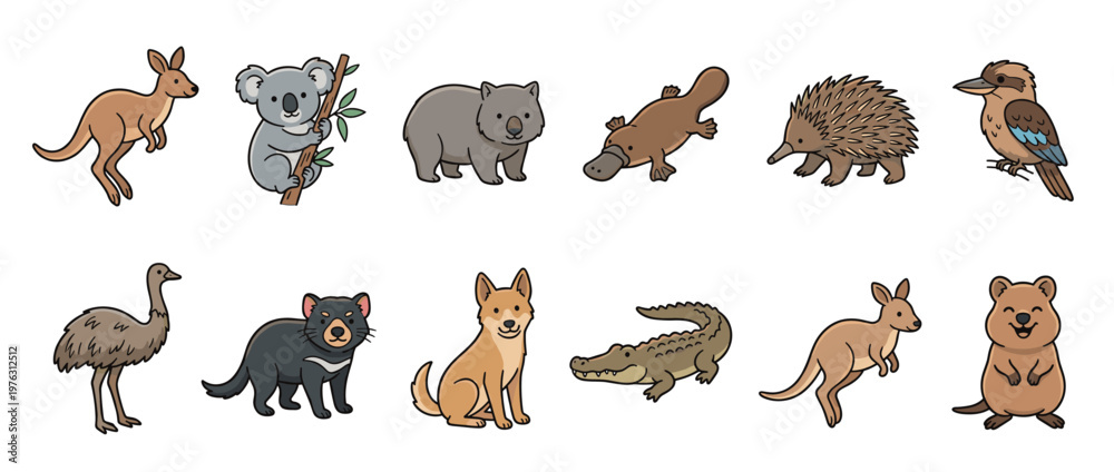 Obraz premium Australian animals cartoon collection featuring various native wildlife species like kangaroos, koalas, wombats, and platypuses in a cute illustration style.