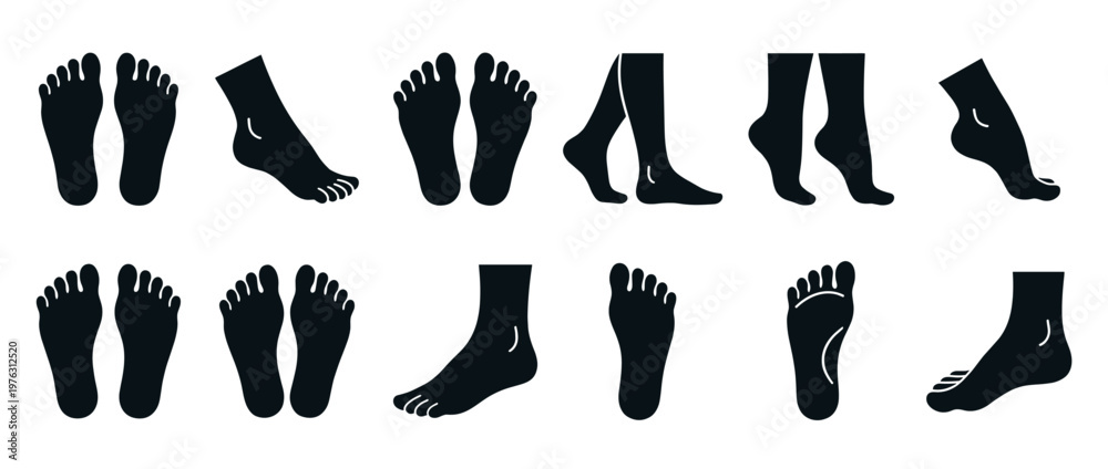 Obraz premium Human feet and legs in various poses and angles, depicted as black silhouettes for anatomical and medical illustrations.