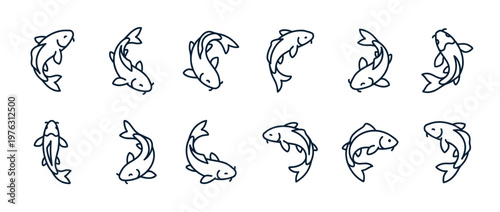 Koi fish line art pattern with multiple swimming carp illustrations in a seamless design, representing oriental aquatic animals.