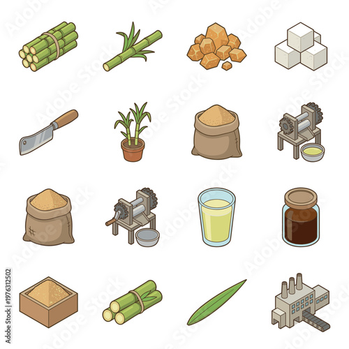 Sugarcane and sugar production process isometric cartoon icons set, illustrating the journey from plant to various sugar products.