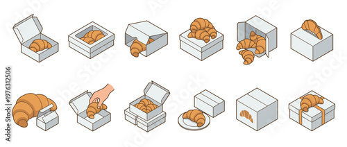 Croissants and boxes isometric illustration set depicting various packaging, delivery, and presentation scenarios for baked goods.