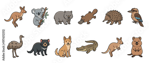 Australian animals cartoon collection featuring various native wildlife species like kangaroos, koalas, wombats, and platypuses in a cute illustration style.